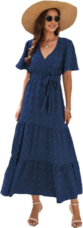 Women's Summer Boho Swiss Dot Maxi Dress Short Sleeve Wrap V Neck A Line Tiered Flowy Long Dress with Belt