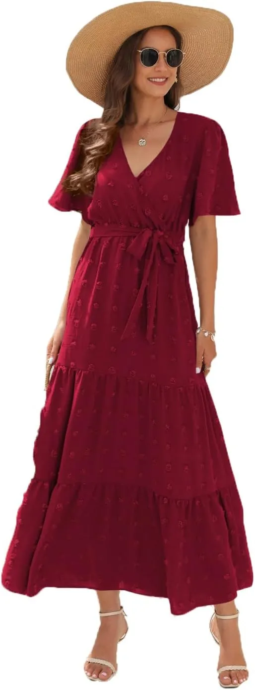 Women's Summer Boho Swiss Dot Maxi Dress Short Sleeve Wrap V Neck A Line Tiered Flowy Long Dress with Belt