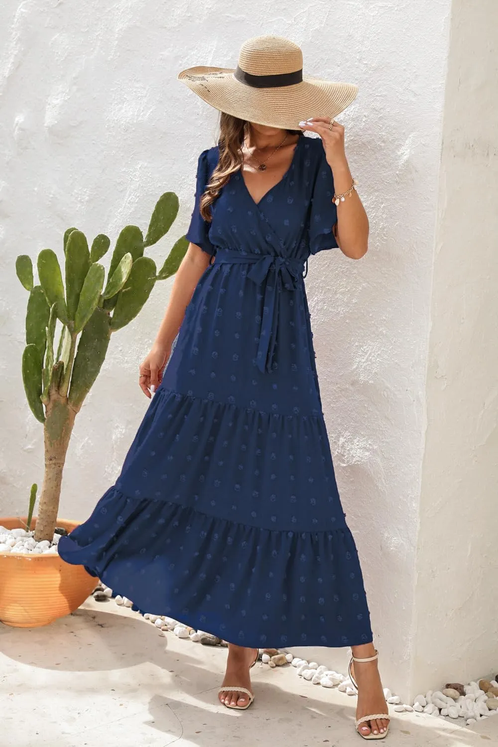 Women's Summer Boho Swiss Dot Maxi Dress Short Sleeve Wrap V Neck A Line Tiered Flowy Long Dress with Belt