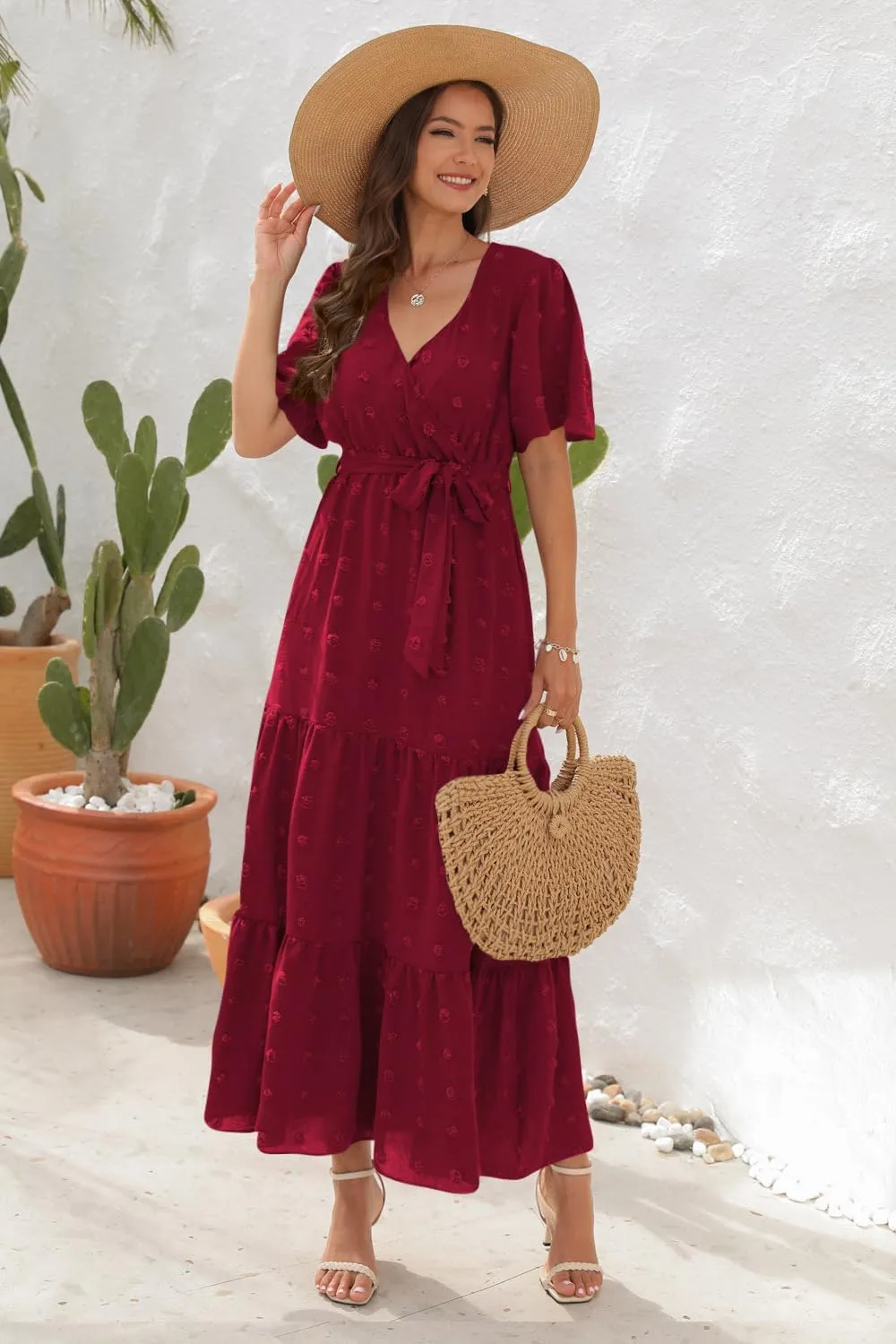 Women's Summer Boho Swiss Dot Maxi Dress Short Sleeve Wrap V Neck A Line Tiered Flowy Long Dress with Belt