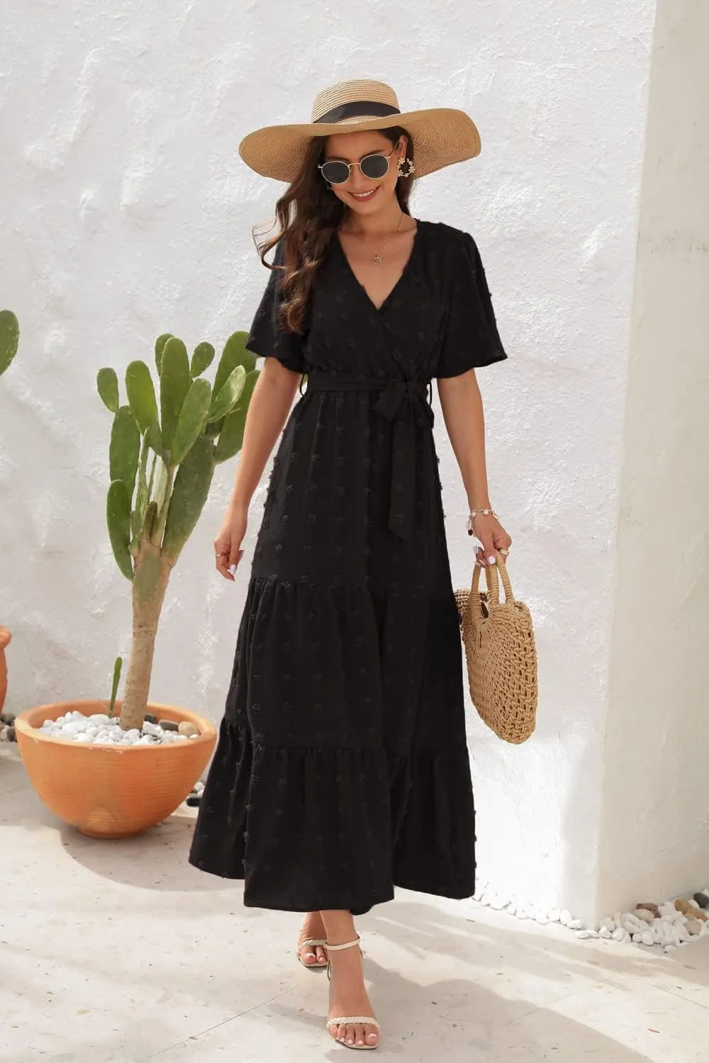 Women's Summer Boho Swiss Dot Maxi Dress Short Sleeve Wrap V Neck A Line Tiered Flowy Long Dress with Belt
