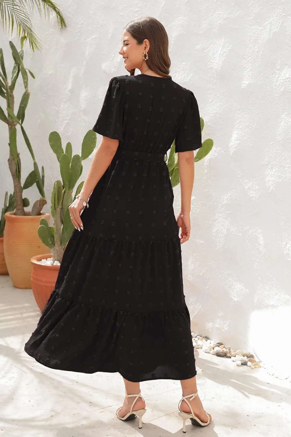 Women's Summer Boho Swiss Dot Maxi Dress Short Sleeve Wrap V Neck A Line Tiered Flowy Long Dress with Belt
