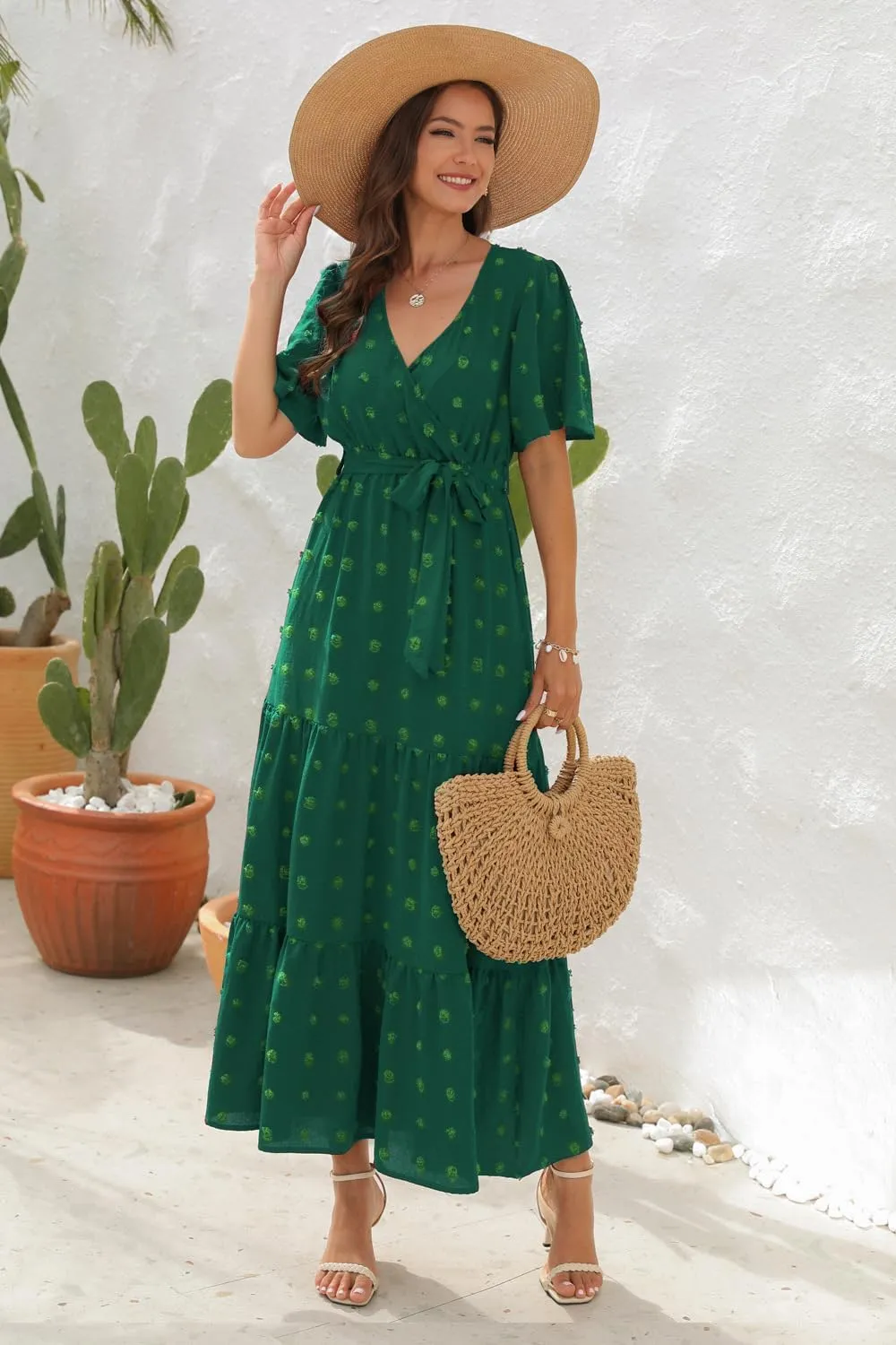 Women's Summer Boho Swiss Dot Maxi Dress Short Sleeve Wrap V Neck A Line Tiered Flowy Long Dress with Belt