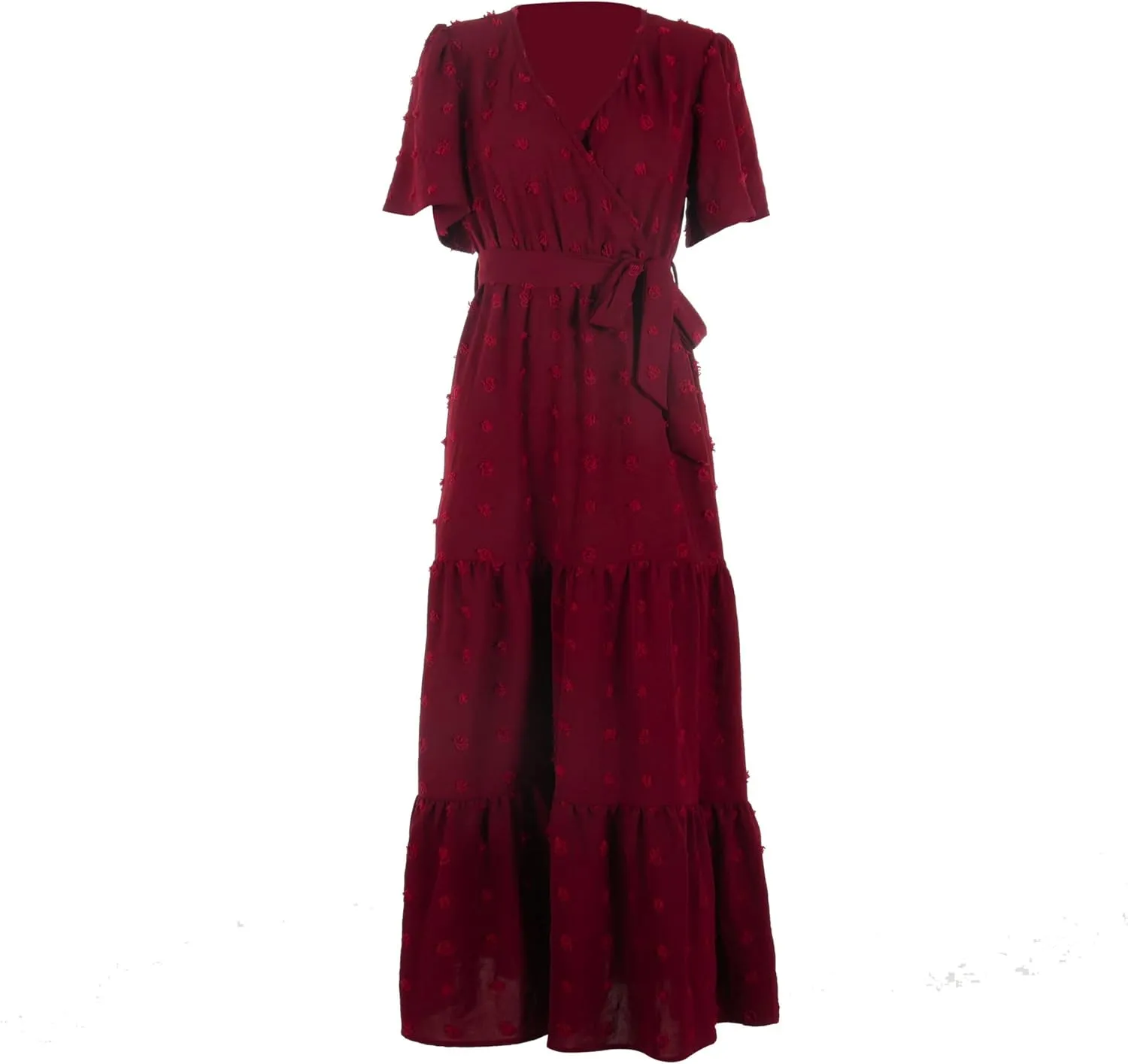 Women's Summer Boho Swiss Dot Maxi Dress Short Sleeve Wrap V Neck A Line Tiered Flowy Long Dress with Belt