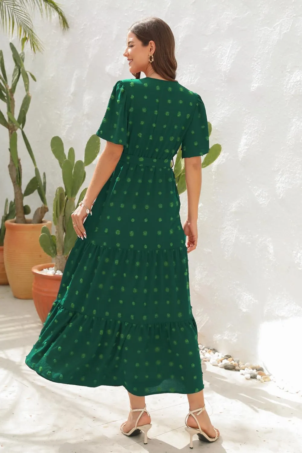 Women's Summer Boho Swiss Dot Maxi Dress Short Sleeve Wrap V Neck A Line Tiered Flowy Long Dress with Belt