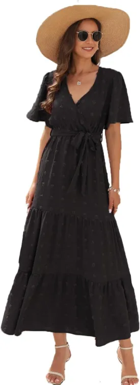 Women's Summer Boho Swiss Dot Maxi Dress Short Sleeve Wrap V Neck A Line Tiered Flowy Long Dress with Belt