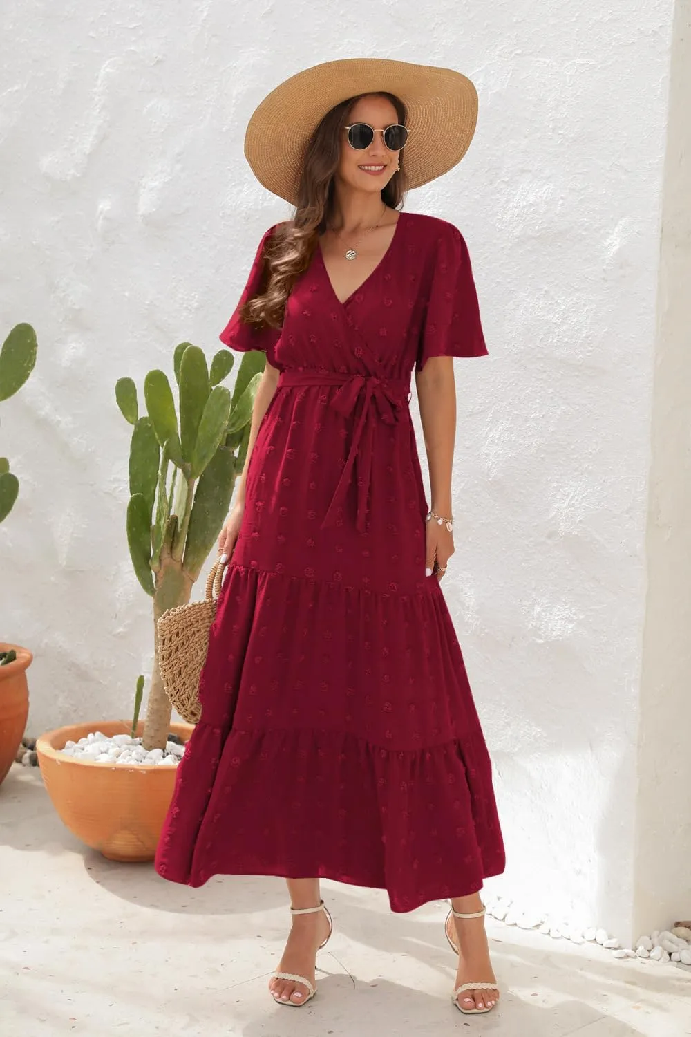 Women's Summer Boho Swiss Dot Maxi Dress Short Sleeve Wrap V Neck A Line Tiered Flowy Long Dress with Belt