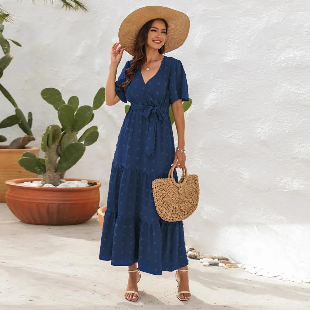 Women's Summer Boho Swiss Dot Maxi Dress Short Sleeve Wrap V Neck A Line Tiered Flowy Long Dress with Belt