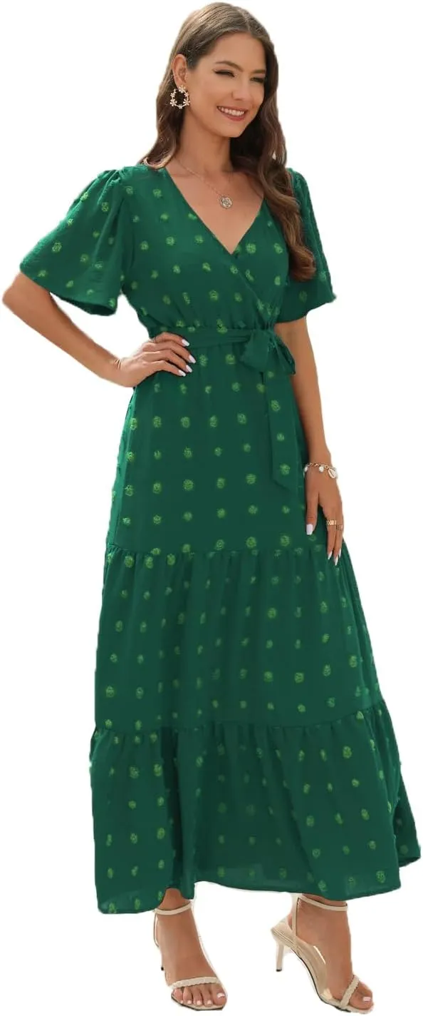 Women's Summer Boho Swiss Dot Maxi Dress Short Sleeve Wrap V Neck A Line Tiered Flowy Long Dress with Belt