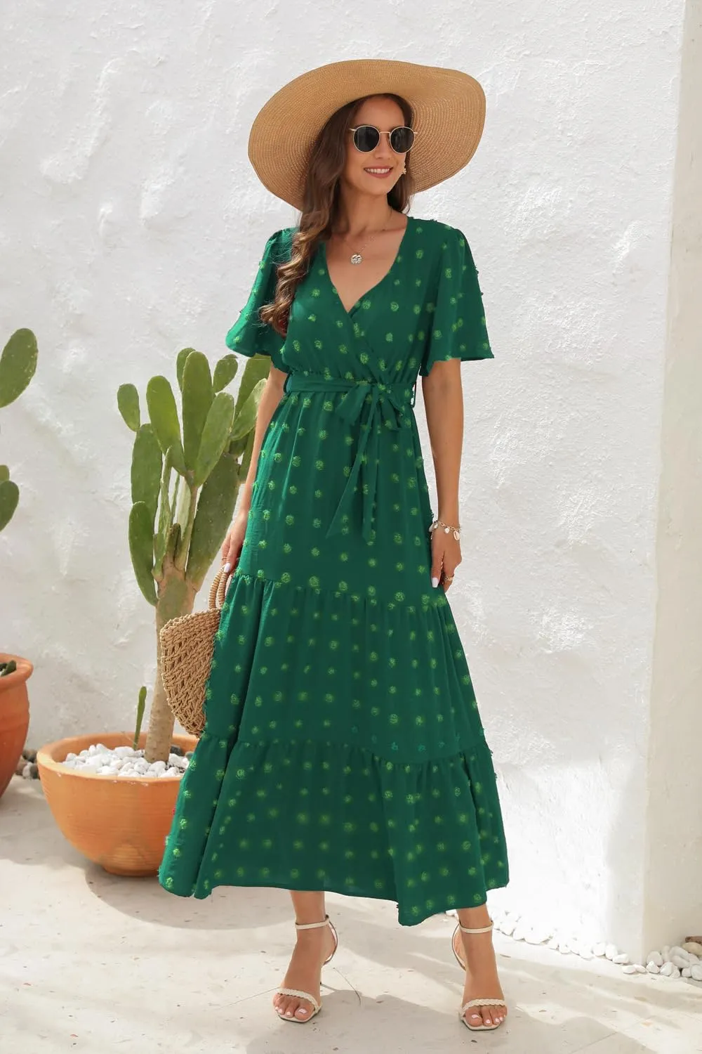 Women's Summer Boho Swiss Dot Maxi Dress Short Sleeve Wrap V Neck A Line Tiered Flowy Long Dress with Belt