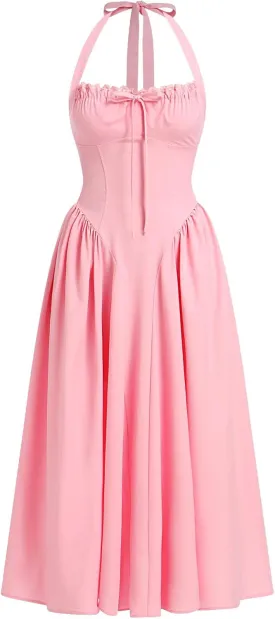 Women’s Summer Floral Corset Dress Casual Party Midi Sun Dress Boho Flowy Lace Up Ruched Backless Milk Maid Dress