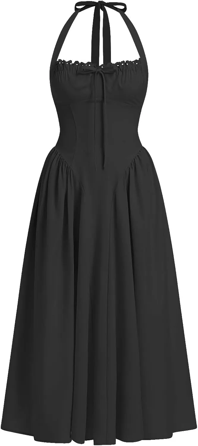 Women’s Summer Floral Corset Dress Casual Party Midi Sun Dress Boho Flowy Lace Up Ruched Backless Milk Maid Dress