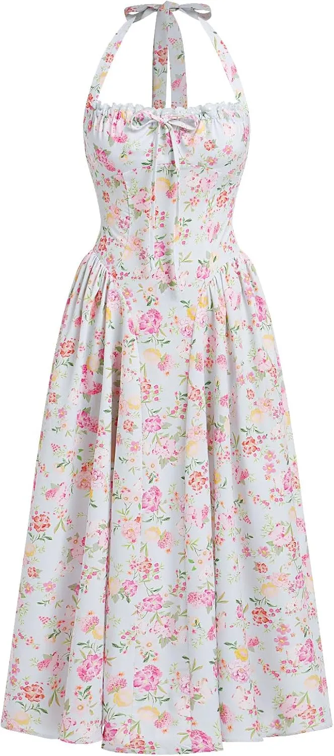 Women’s Summer Floral Corset Dress Casual Party Midi Sun Dress Boho Flowy Lace Up Ruched Backless Milk Maid Dress