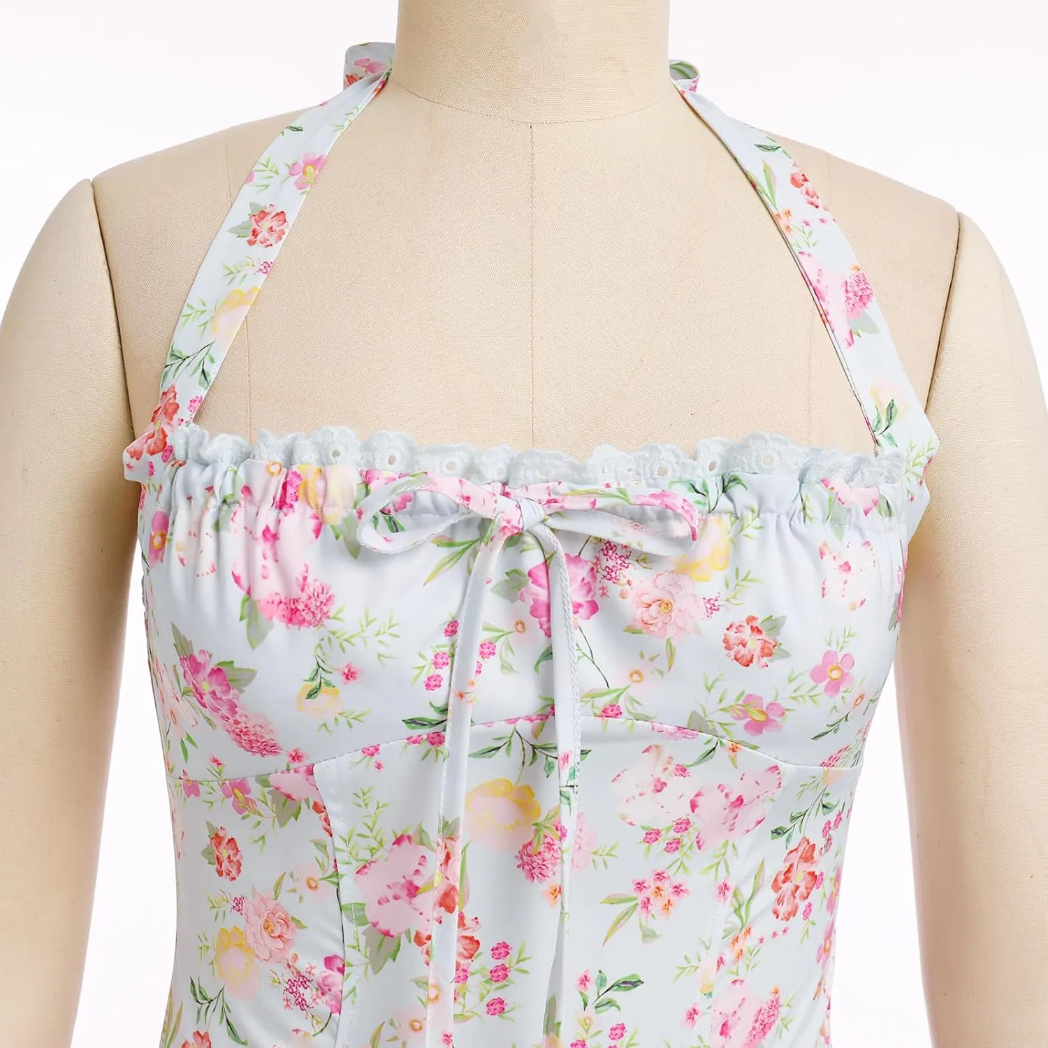 Women’s Summer Floral Corset Dress Casual Party Midi Sun Dress Boho Flowy Lace Up Ruched Backless Milk Maid Dress