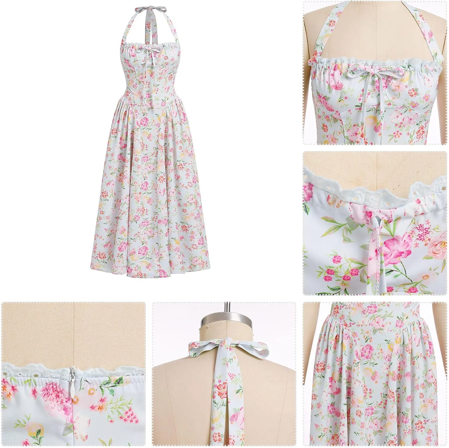Women’s Summer Floral Corset Dress Casual Party Midi Sun Dress Boho Flowy Lace Up Ruched Backless Milk Maid Dress