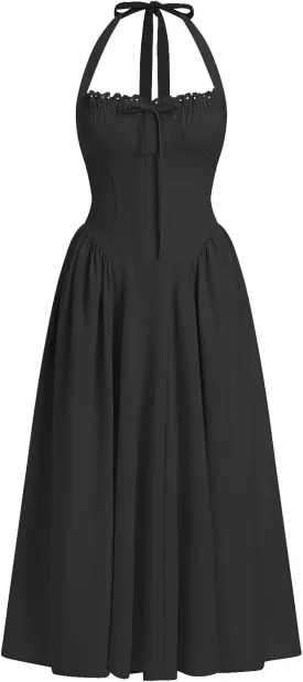 Women’s Summer Floral Corset Dress Casual Party Midi Sun Dress Boho Flowy Lace Up Ruched Backless Milk Maid Dress