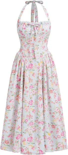 Women’s Summer Floral Corset Dress Casual Party Midi Sun Dress Boho Flowy Lace Up Ruched Backless Milk Maid Dress
