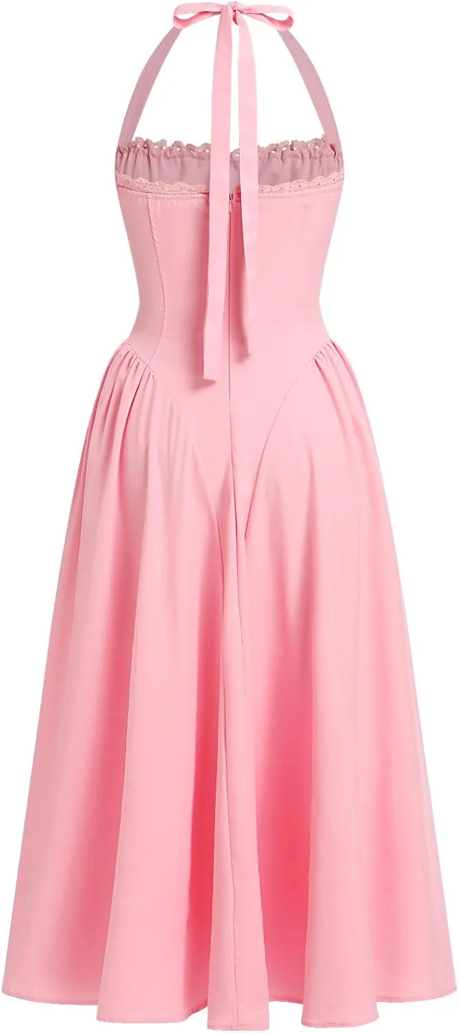 Women’s Summer Floral Corset Dress Casual Party Midi Sun Dress Boho Flowy Lace Up Ruched Backless Milk Maid Dress