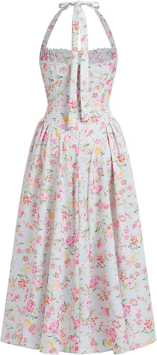 Women’s Summer Floral Corset Dress Casual Party Midi Sun Dress Boho Flowy Lace Up Ruched Backless Milk Maid Dress