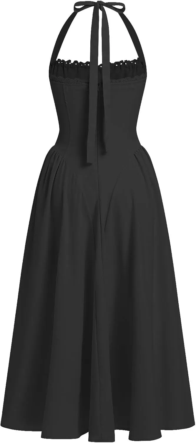 Women’s Summer Floral Corset Dress Casual Party Midi Sun Dress Boho Flowy Lace Up Ruched Backless Milk Maid Dress