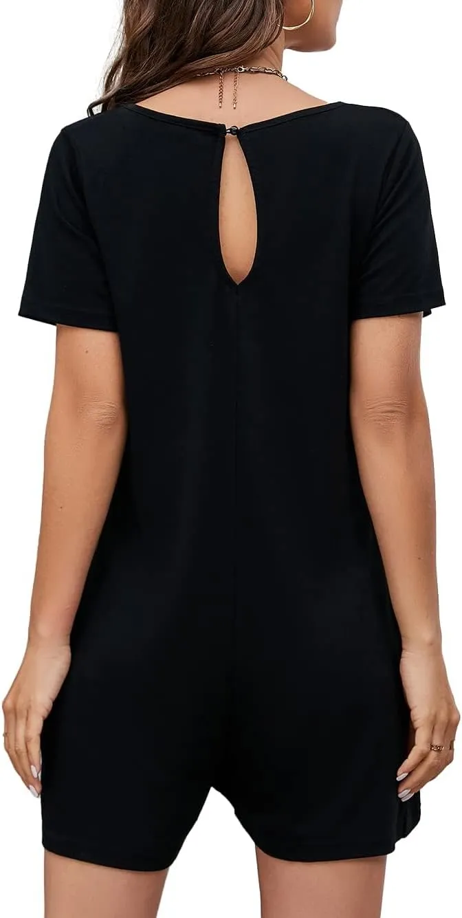 Women's Summer Short Sleeve V Neck Short Jumpsuit Loose Casual Romper with Pockets