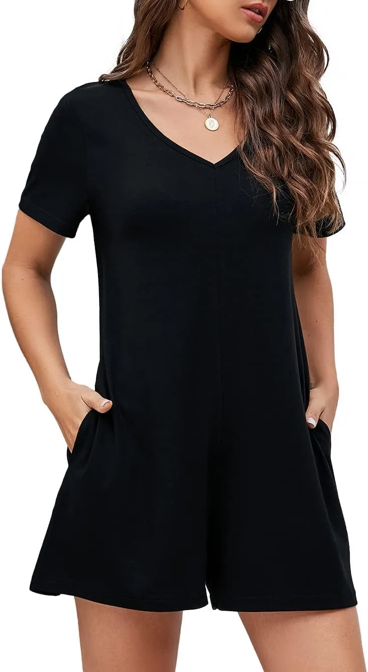 Women's Summer Short Sleeve V Neck Short Jumpsuit Loose Casual Romper with Pockets