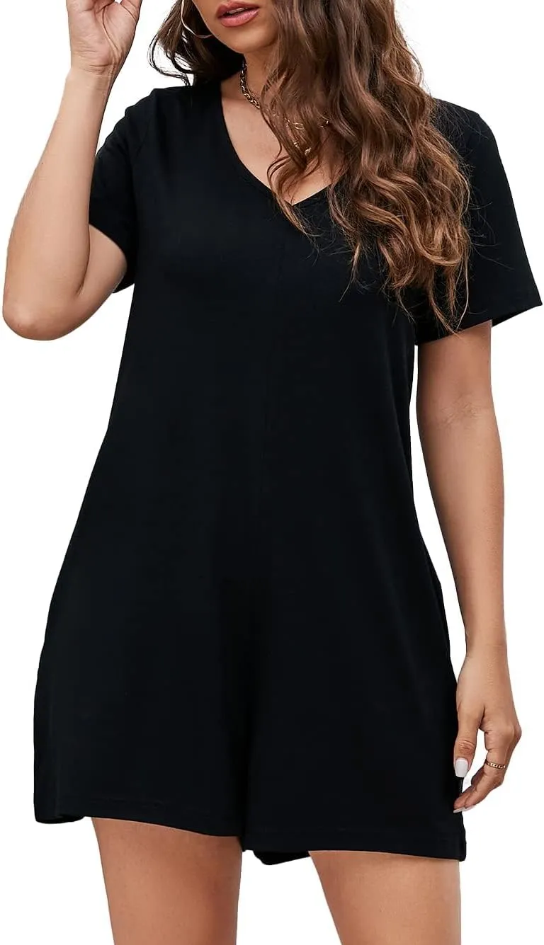 Women's Summer Short Sleeve V Neck Short Jumpsuit Loose Casual Romper with Pockets