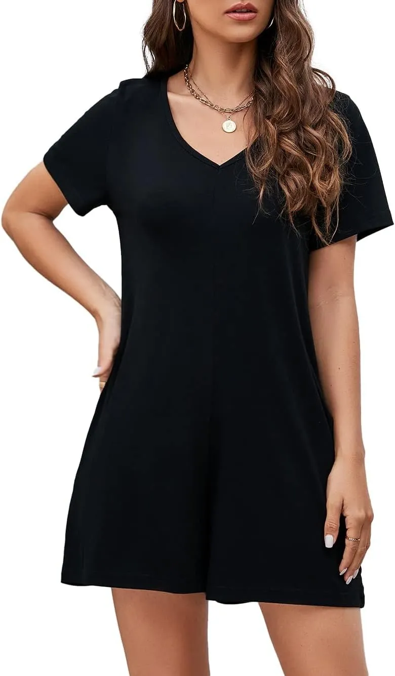 Women's Summer Short Sleeve V Neck Short Jumpsuit Loose Casual Romper with Pockets