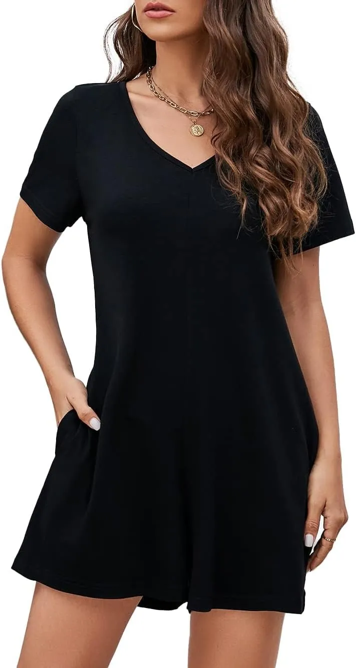 Women's Summer Short Sleeve V Neck Short Jumpsuit Loose Casual Romper with Pockets