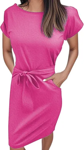 Women's Summer Striped Short Sleeve T Shirt Dress Casual Tie Waist Business Work Bodycon Belted Dresses with Pockets