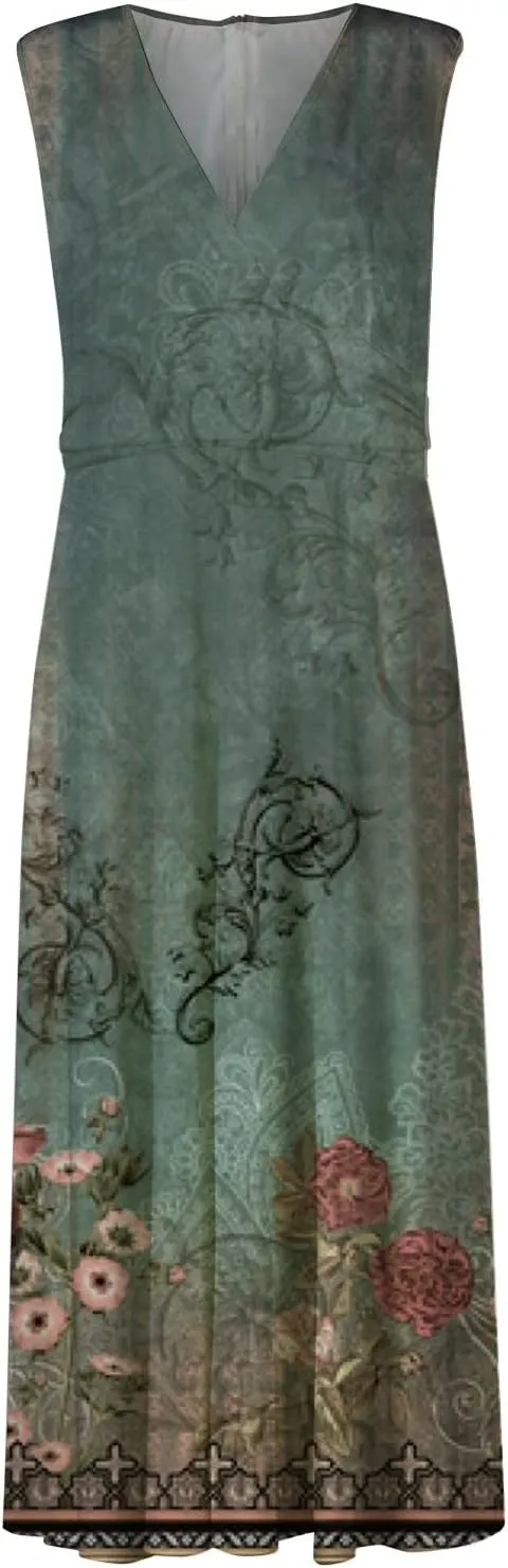 Women's Sundresses 2025 V-Neck Floral Print Sleeveless Casual Swing High Waist Long Maxi Dress, S-3XL