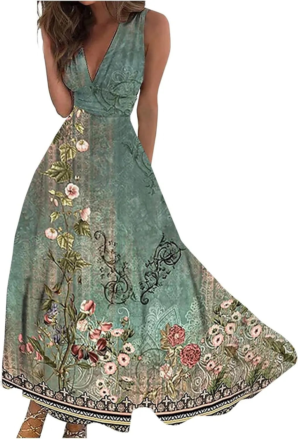 Women's Sundresses 2025 V-Neck Floral Print Sleeveless Casual Swing High Waist Long Maxi Dress, S-3XL