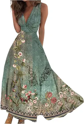Women's Sundresses 2025 V-Neck Floral Print Sleeveless Casual Swing High Waist Long Maxi Dress, S-3XL