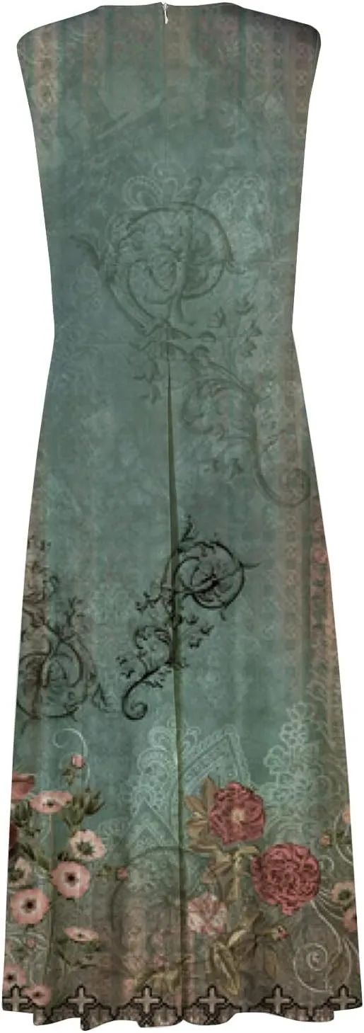 Women's Sundresses 2025 V-Neck Floral Print Sleeveless Casual Swing High Waist Long Maxi Dress, S-3XL