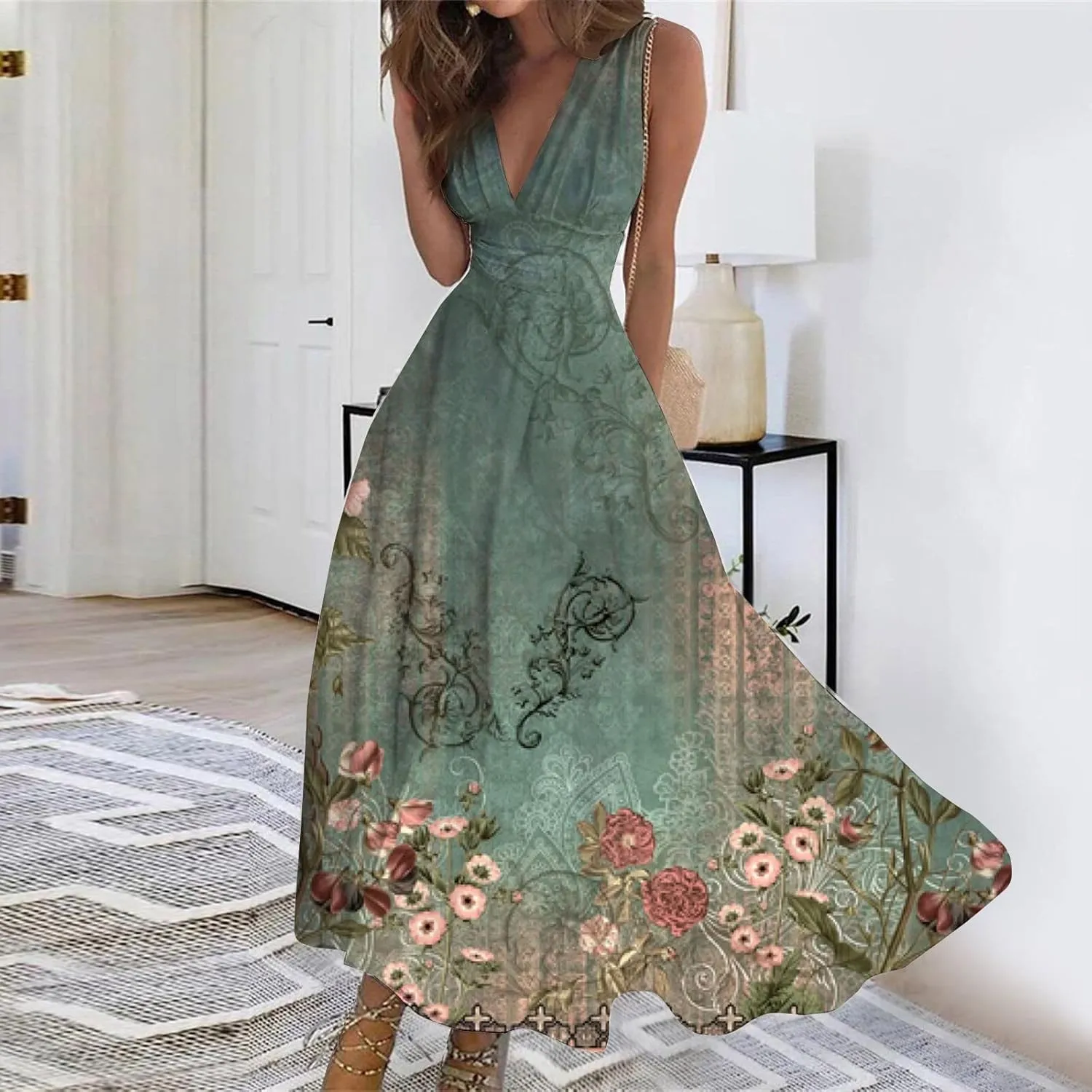 Women's Sundresses 2025 V-Neck Floral Print Sleeveless Casual Swing High Waist Long Maxi Dress, S-3XL