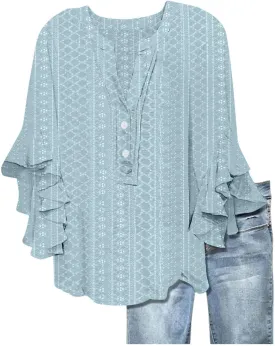 Womens Tops Elegant 3/4 Lace Sleeves V-Neck Button Up Hollow Out Tunic Top T-Shirt Solid Color Loose Tee 2025