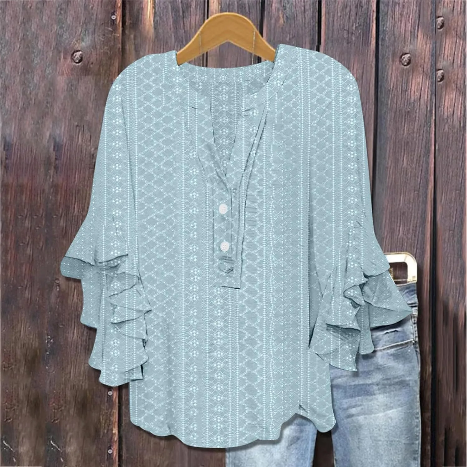 Womens Tops Elegant 3/4 Lace Sleeves V-Neck Button Up Hollow Out Tunic Top T-Shirt Solid Color Loose Tee 2025