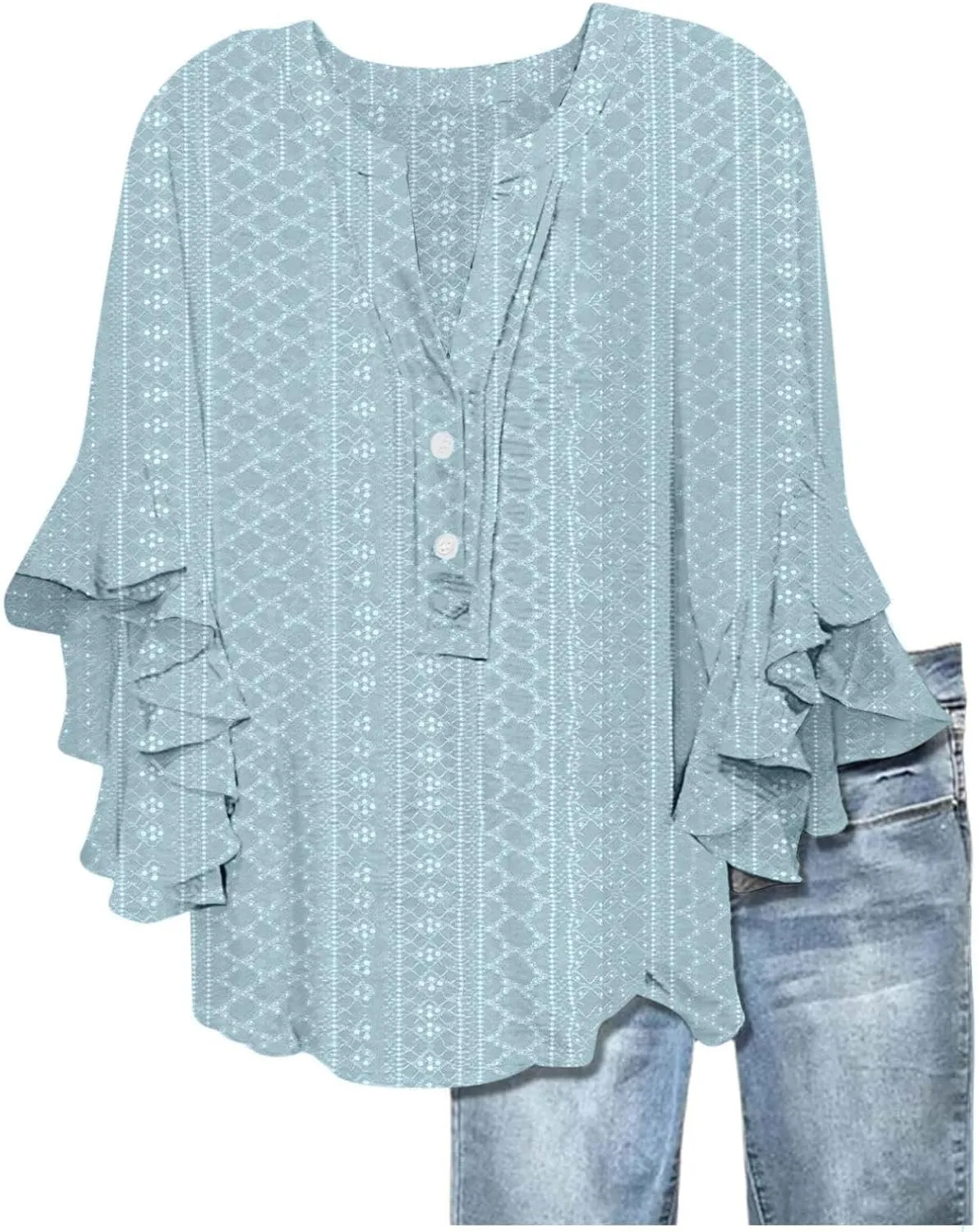 Womens Tops Elegant 3/4 Lace Sleeves V-Neck Button Up Hollow Out Tunic Top T-Shirt Solid Color Loose Tee 2025