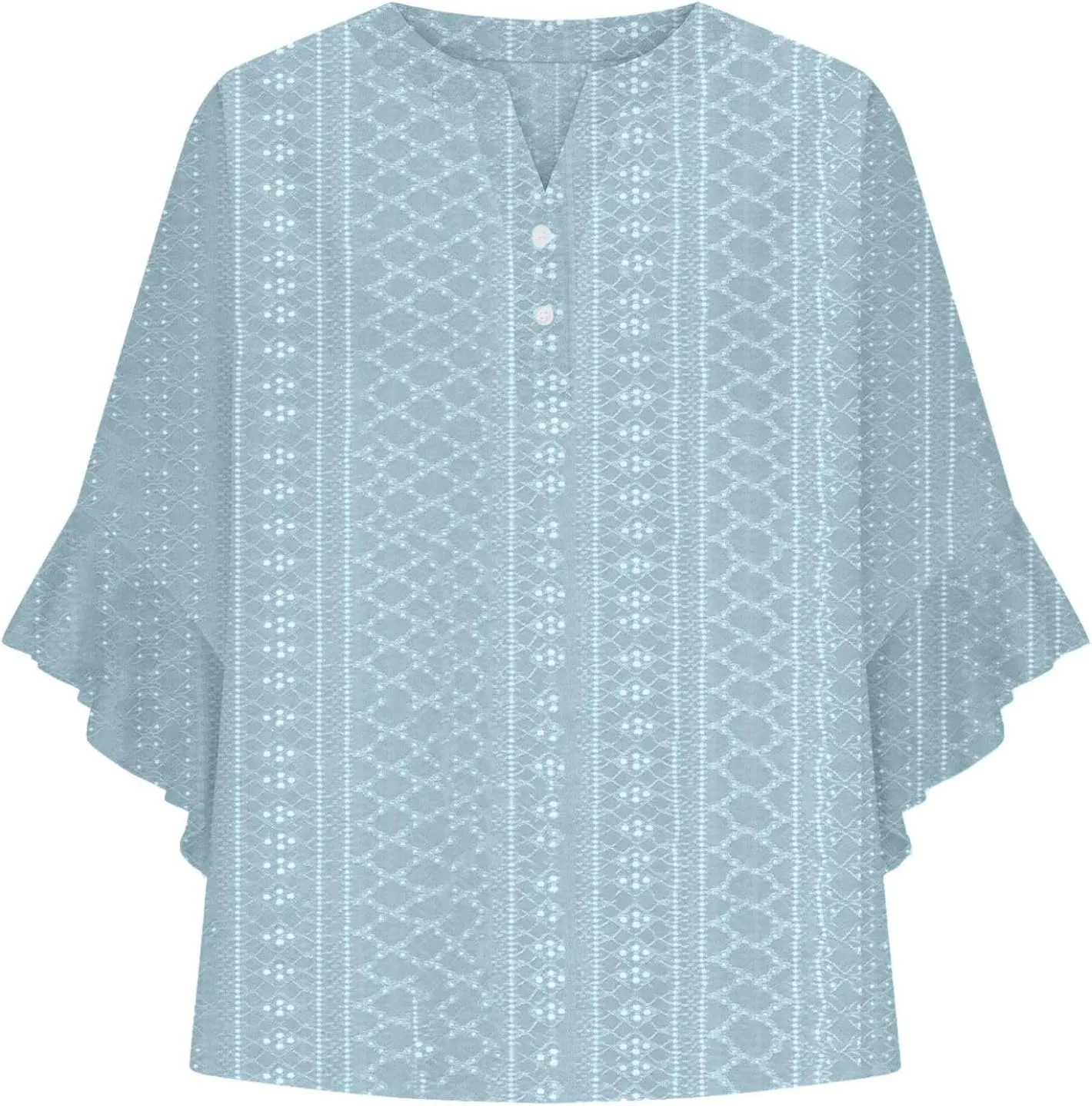Womens Tops Elegant 3/4 Lace Sleeves V-Neck Button Up Hollow Out Tunic Top T-Shirt Solid Color Loose Tee 2025