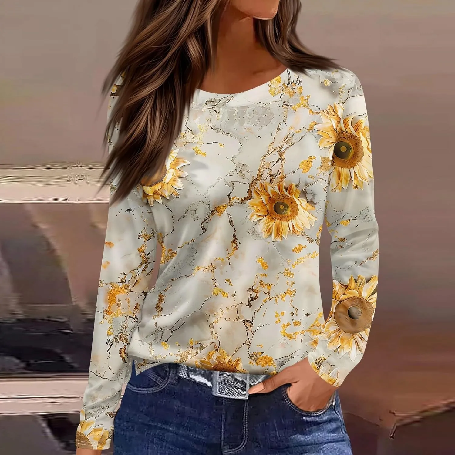 Women's Tops Long Sleeve Spring Shirts 2025 Trendy Loose Fit Crew Neck Floral Print Dressy Blouses