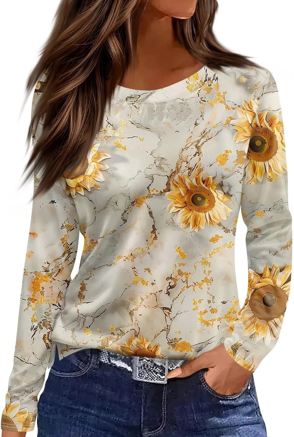 Women's Tops Long Sleeve Spring Shirts 2025 Trendy Loose Fit Crew Neck Floral Print Dressy Blouses