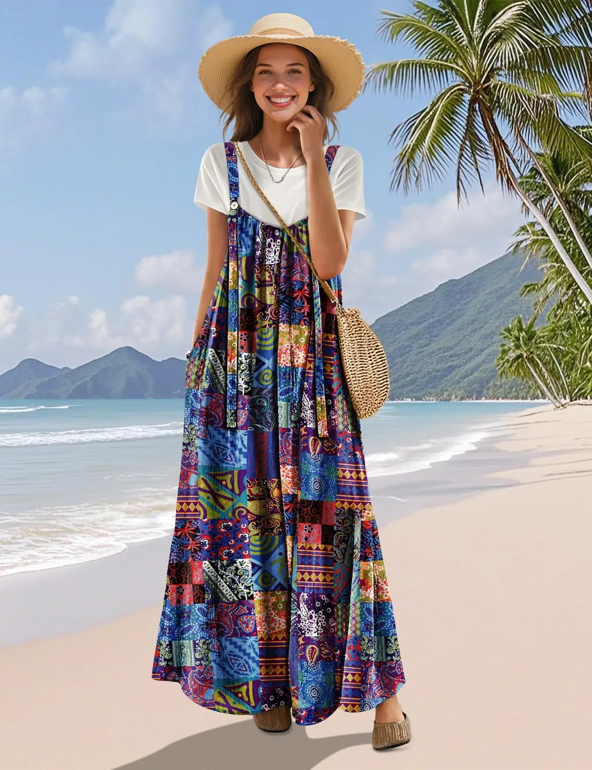 YESNO Casual Wide Leg Jumpsuits for Women Boho Floral Pleated Overalls Rompers Summer Outfits with Pockets P0D