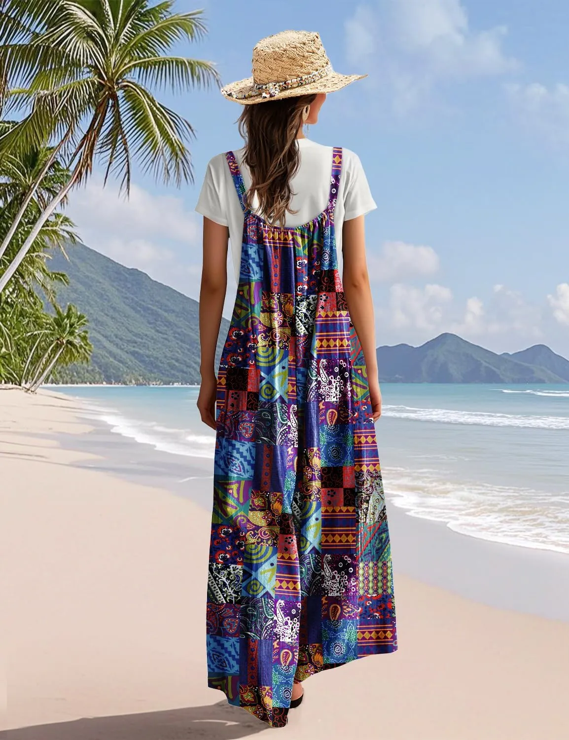 YESNO Casual Wide Leg Jumpsuits for Women Boho Floral Pleated Overalls Rompers Summer Outfits with Pockets P0D