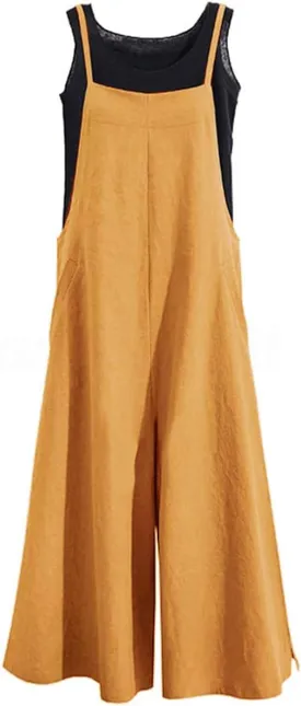 YESNO Women Casual Loose Long Bib Pants Wide Leg Jumpsuits Baggy Cotton Rompers Overalls with Pockets PZZTYP2