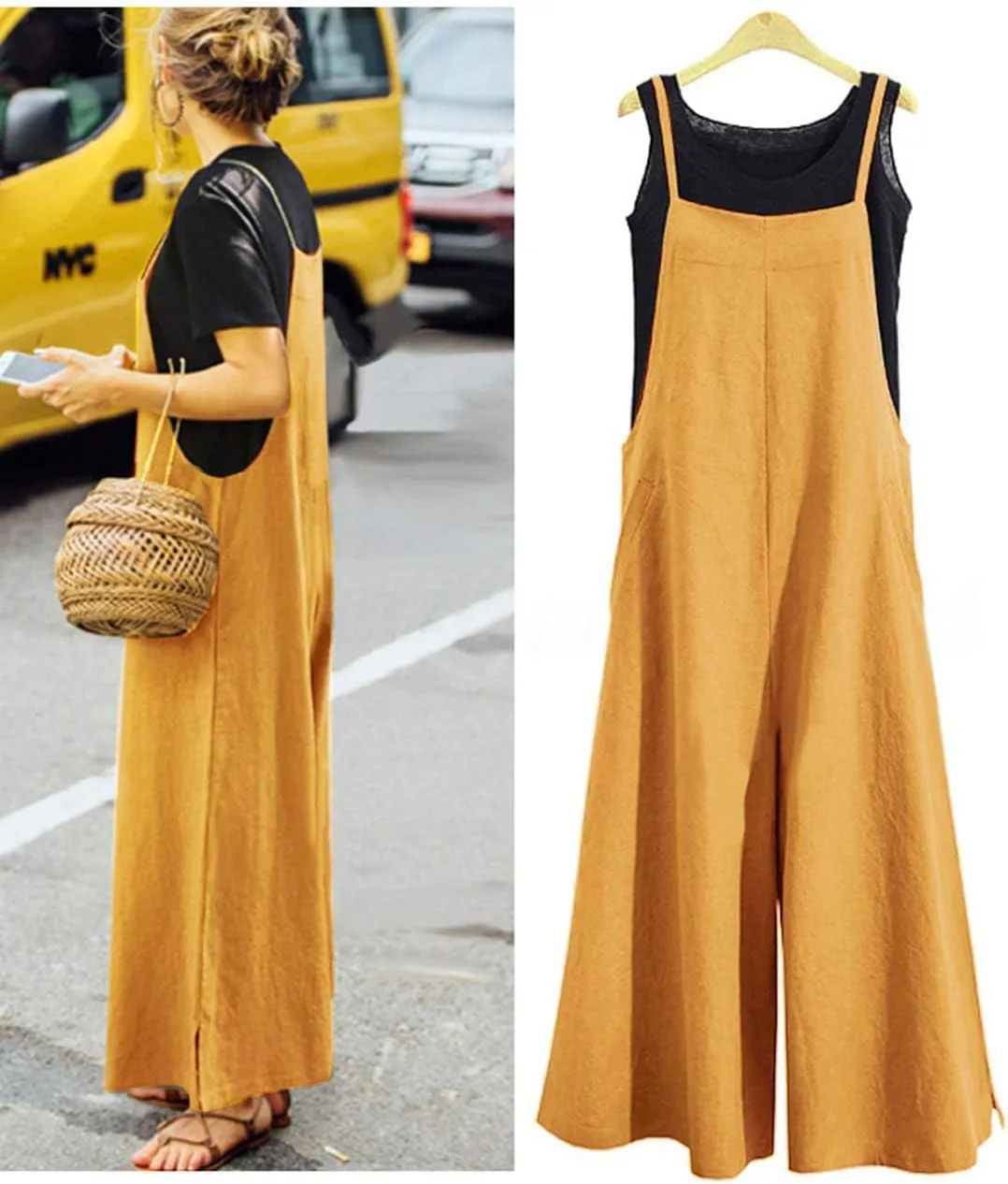 YESNO Women Casual Loose Long Bib Pants Wide Leg Jumpsuits Baggy Cotton Rompers Overalls with Pockets PZZTYP2