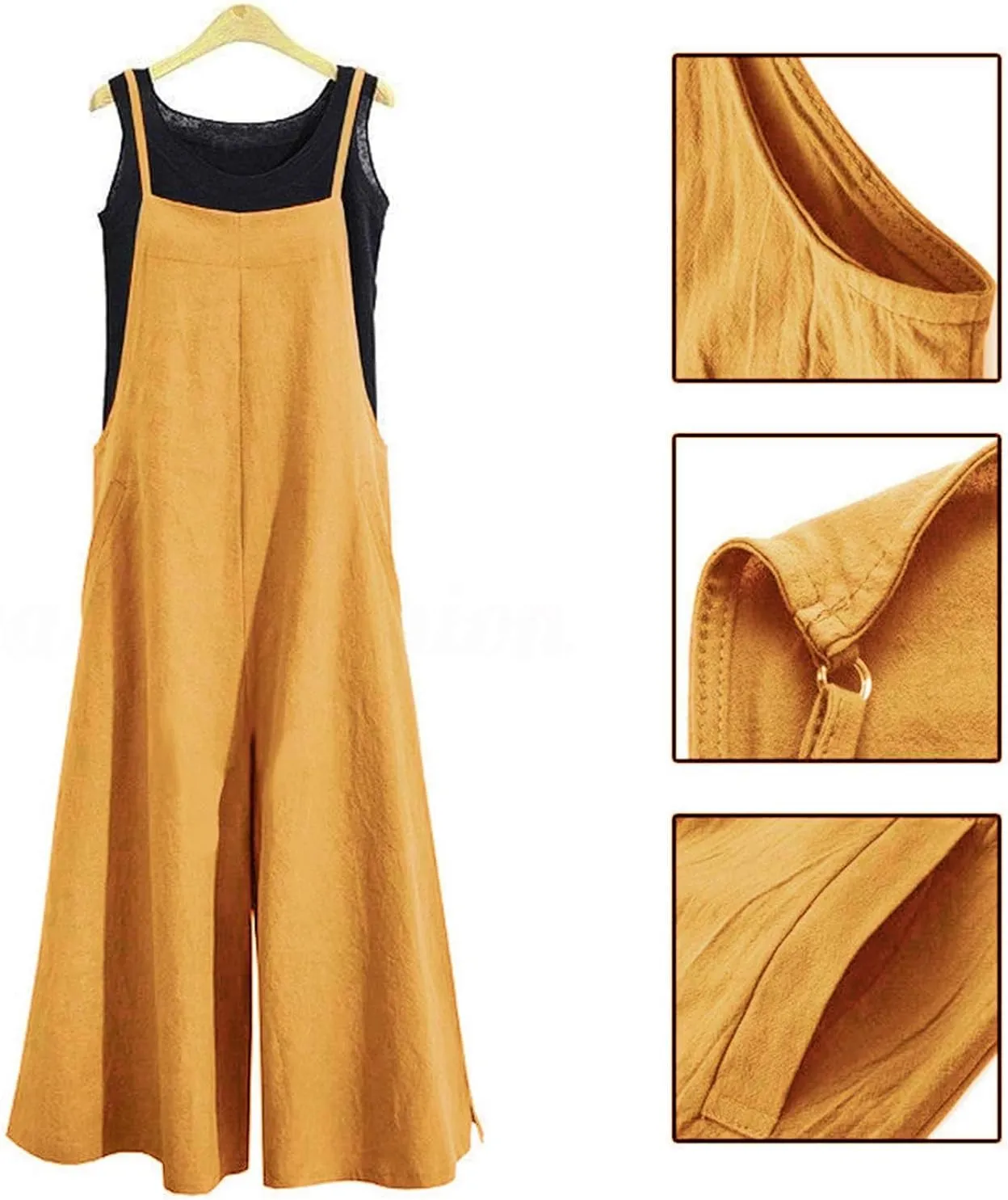 YESNO Women Casual Loose Long Bib Pants Wide Leg Jumpsuits Baggy Cotton Rompers Overalls with Pockets PZZTYP2