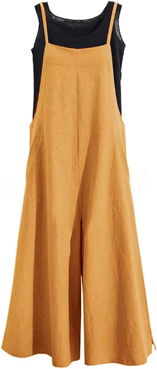 YESNO Women Casual Loose Long Bib Pants Wide Leg Jumpsuits Baggy Cotton Rompers Overalls with Pockets PZZTYP2