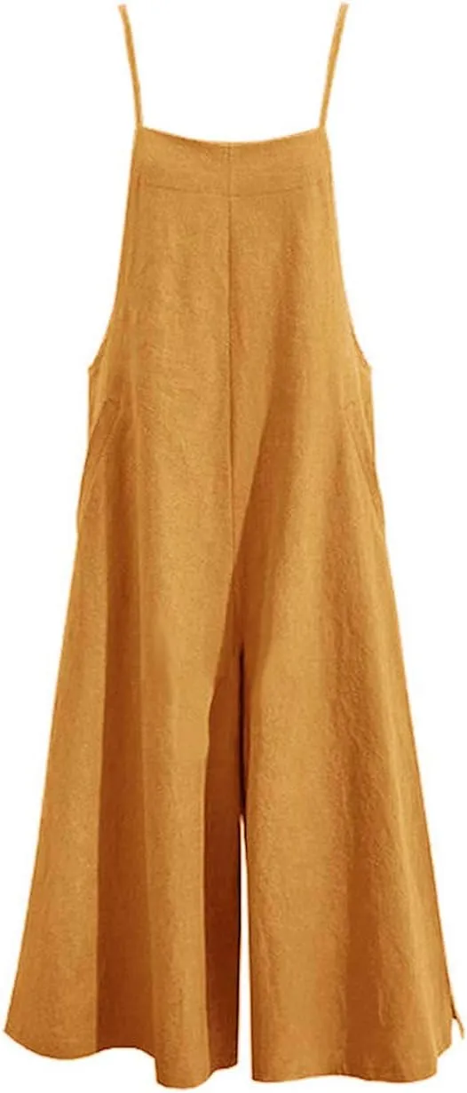 YESNO Women Casual Loose Long Bib Pants Wide Leg Jumpsuits Baggy Cotton Rompers Overalls with Pockets PZZTYP2