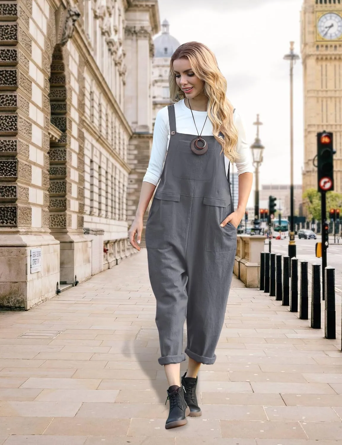 YESNO Women Long Casual Loose Bib Pants Overalls Baggy Rompers Jumpsuits with Pockets PV9