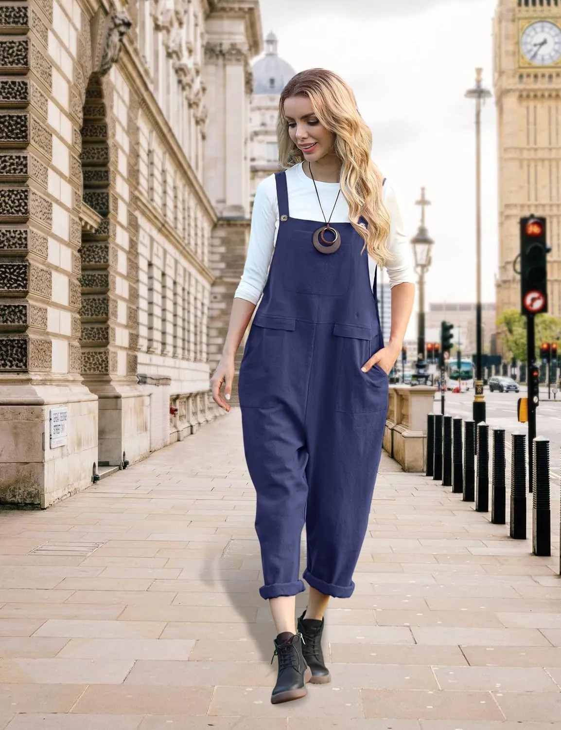 YESNO Women Long Casual Loose Bib Pants Overalls Baggy Rompers Jumpsuits with Pockets PV9